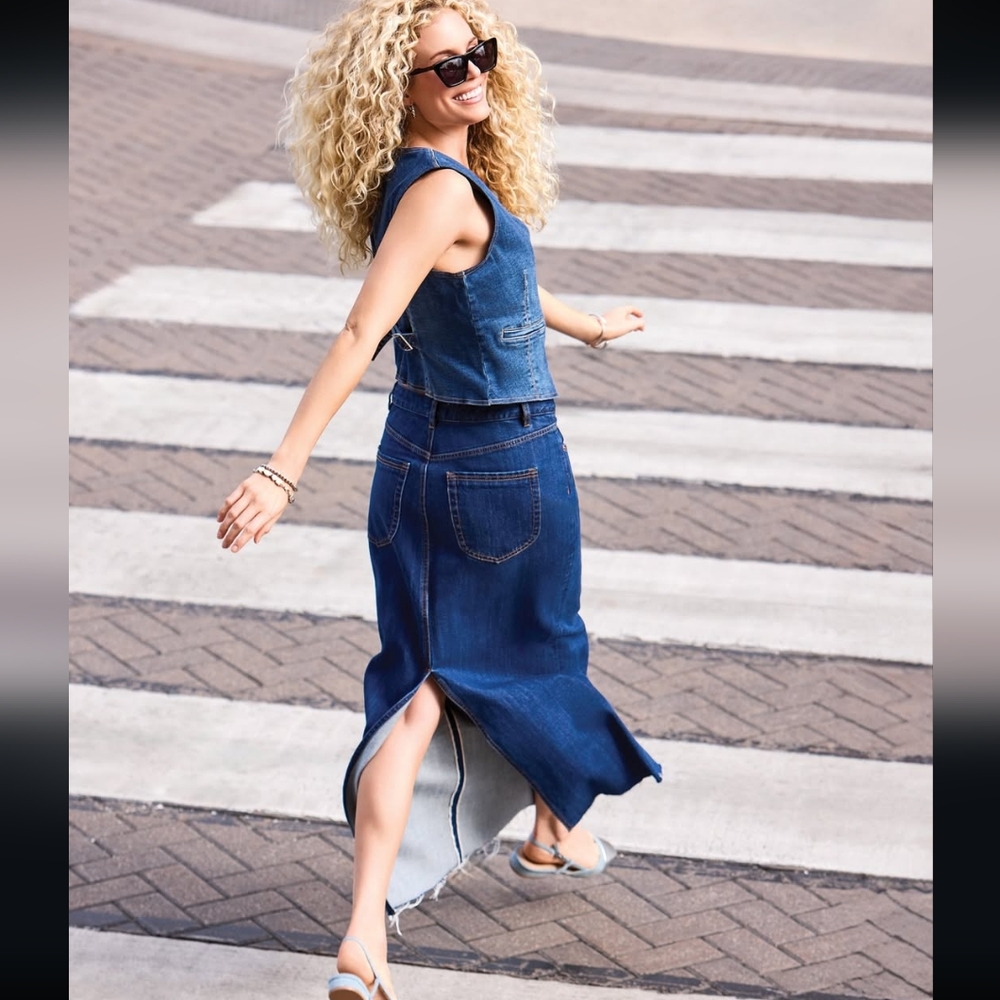 NEW Tribal Blue Thread Maxi Denim Skirt Raw Hem Size 8
